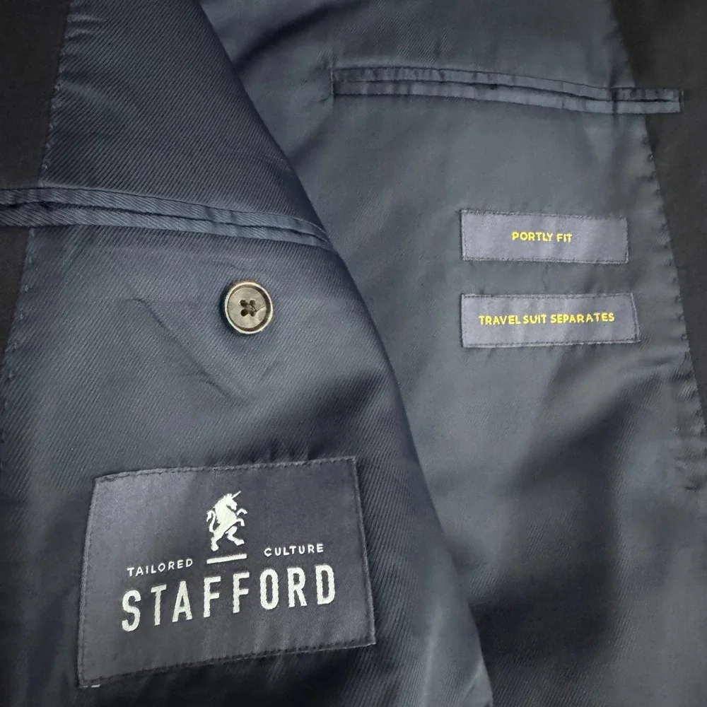 Stafford Travel Suit Mens 48PTREG 42x31 Navy Blue Solid‎ Portly Fit Wool Blend